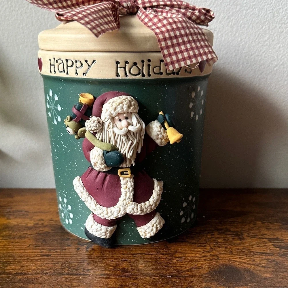 Crofton Santa Cookie Jar Christmas Ceramic Canister Happy Holidays Green Red Bow